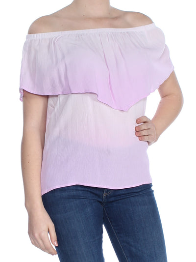 ULTRA FLIRT Womens Purple Flounce Short Sleeve Off Shoulder Top