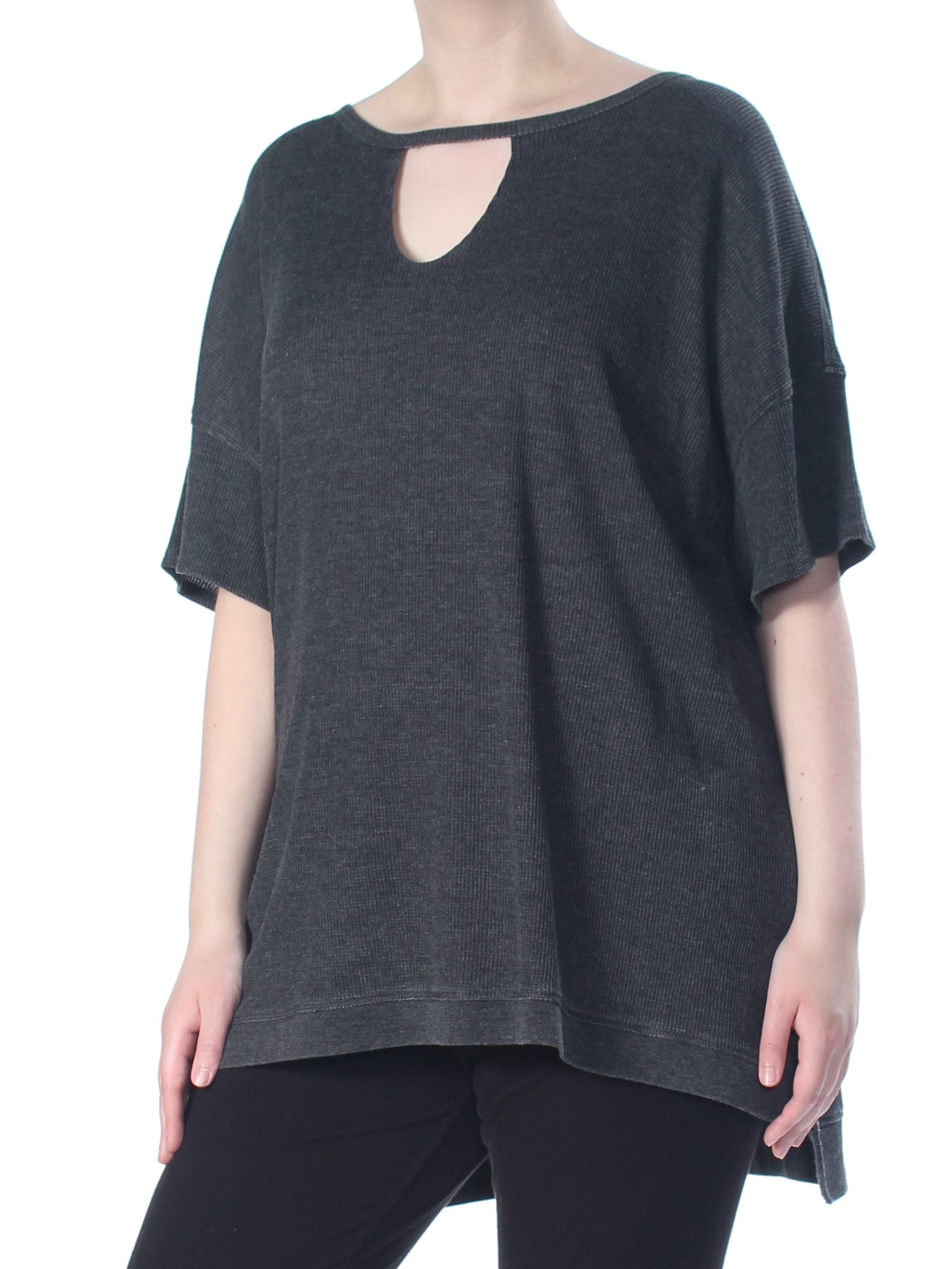 CALVIN KLEIN Womens Gray Waffle Knit Asymmetric Short Sleeve Keyhole Top