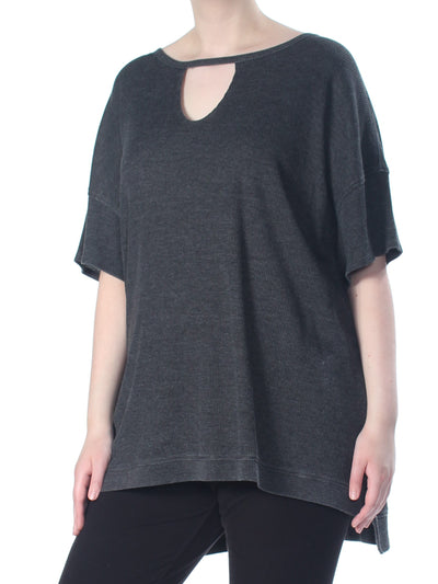 CALVIN KLEIN Womens Gray Waffle Knit Asymmetric Short Sleeve Keyhole Top