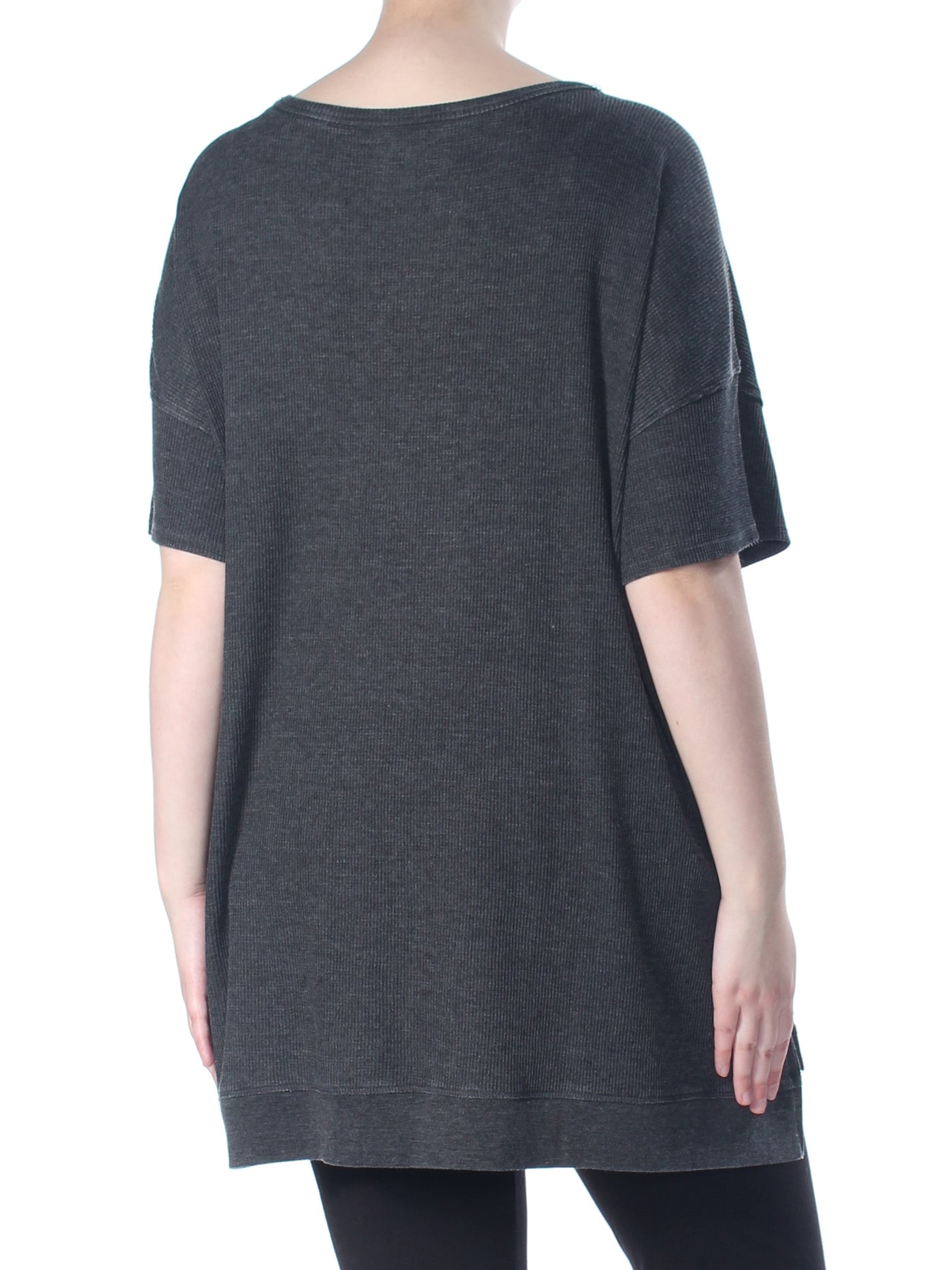 CALVIN KLEIN Womens Gray Waffle Knit Asymmetric Short Sleeve Keyhole Top