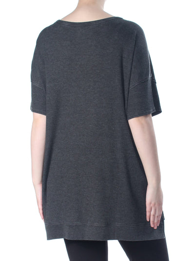 CALVIN KLEIN Womens Gray Waffle Knit Asymmetric Short Sleeve Keyhole Top