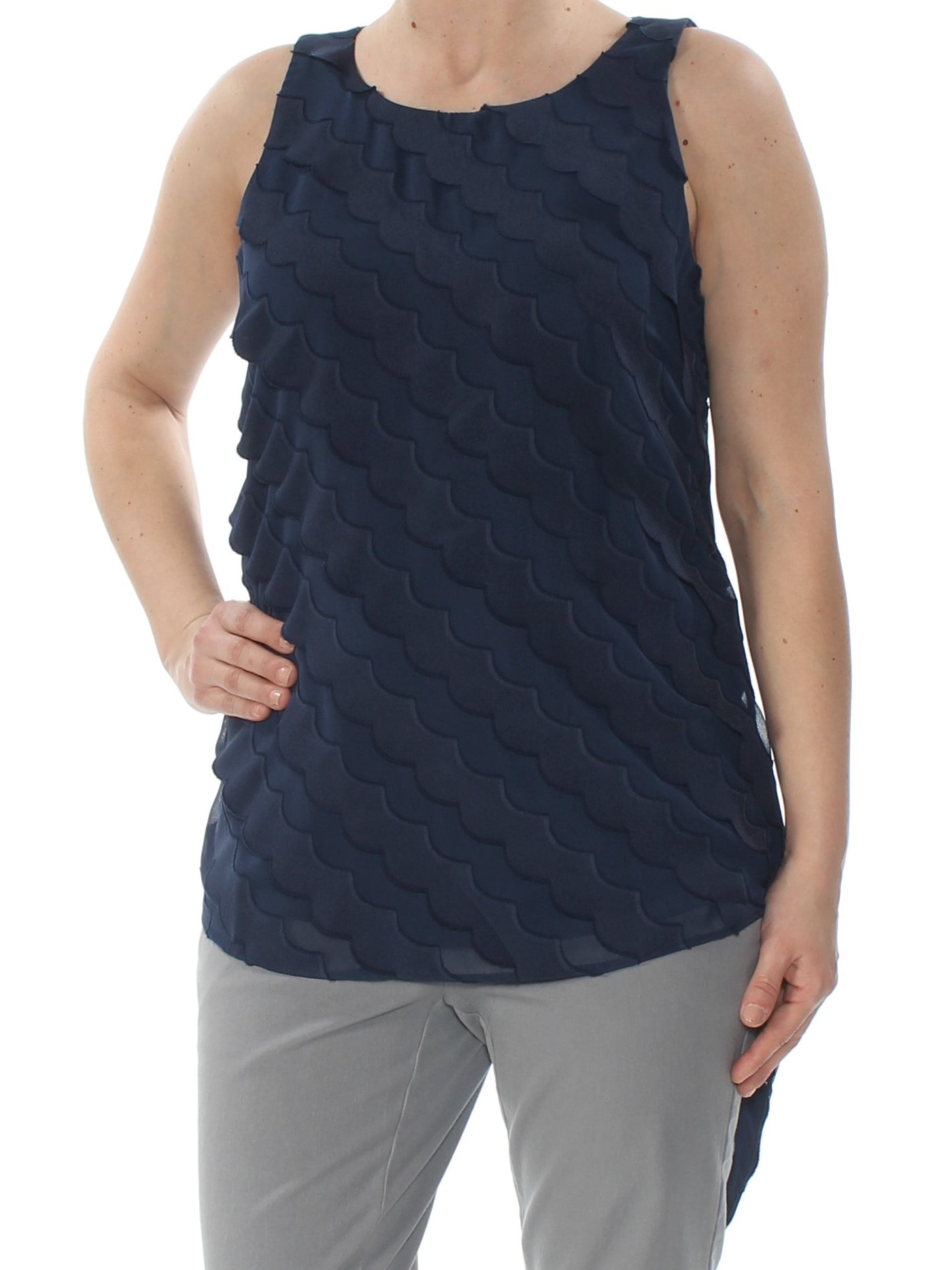 ALFANI Womens Navy Textured Asymmetrical Sleeveless Jewel Neck Wear To Work Top