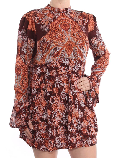 FREE PEOPLE Womens Burgundy Ruffled Printed Long Sleeve Mini Tunic Tunic Dress