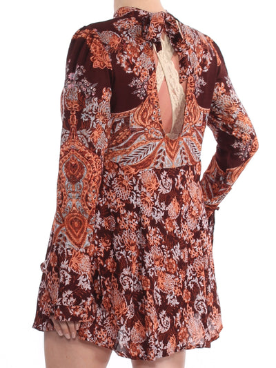 FREE PEOPLE Womens Burgundy Ruffled Printed Long Sleeve Mini Tunic Tunic Dress