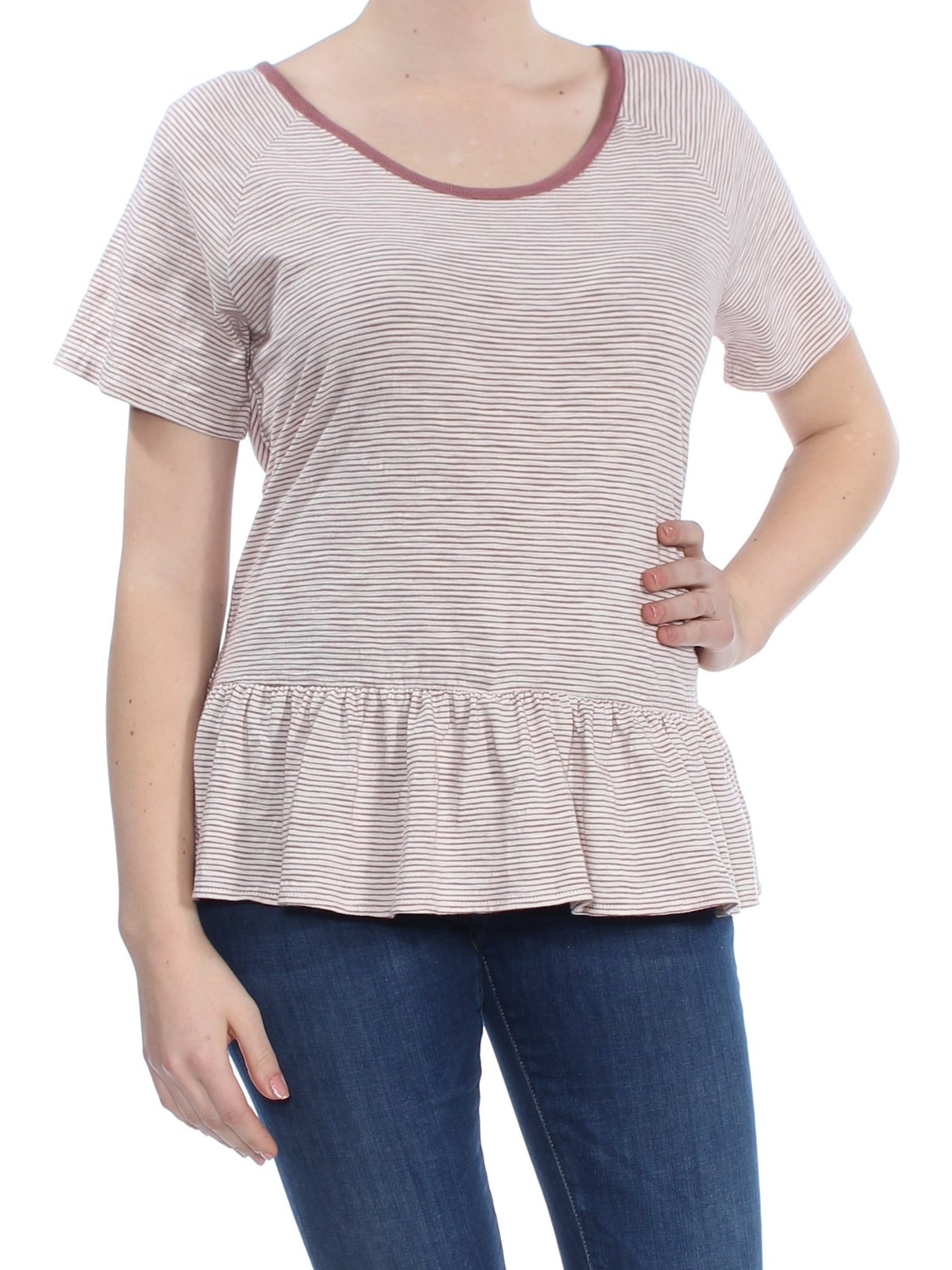 LUCKY BRAND Womens Maroon Striped Short Sleeve Scoop Neck Peplum Top