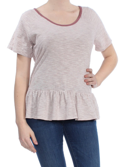 LUCKY BRAND Womens Maroon Striped Short Sleeve Scoop Neck Peplum Top