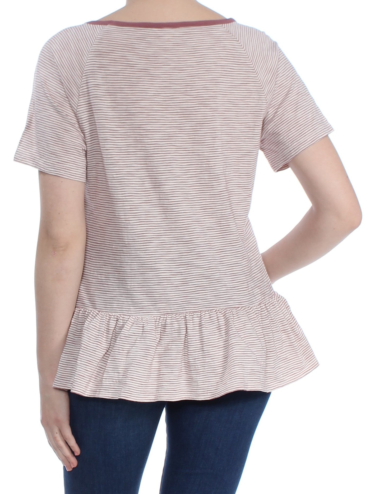 LUCKY BRAND Womens Maroon Striped Short Sleeve Scoop Neck Peplum Top