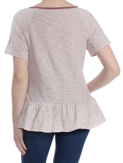 LUCKY BRAND Womens Maroon Striped Short Sleeve Scoop Neck Peplum Top