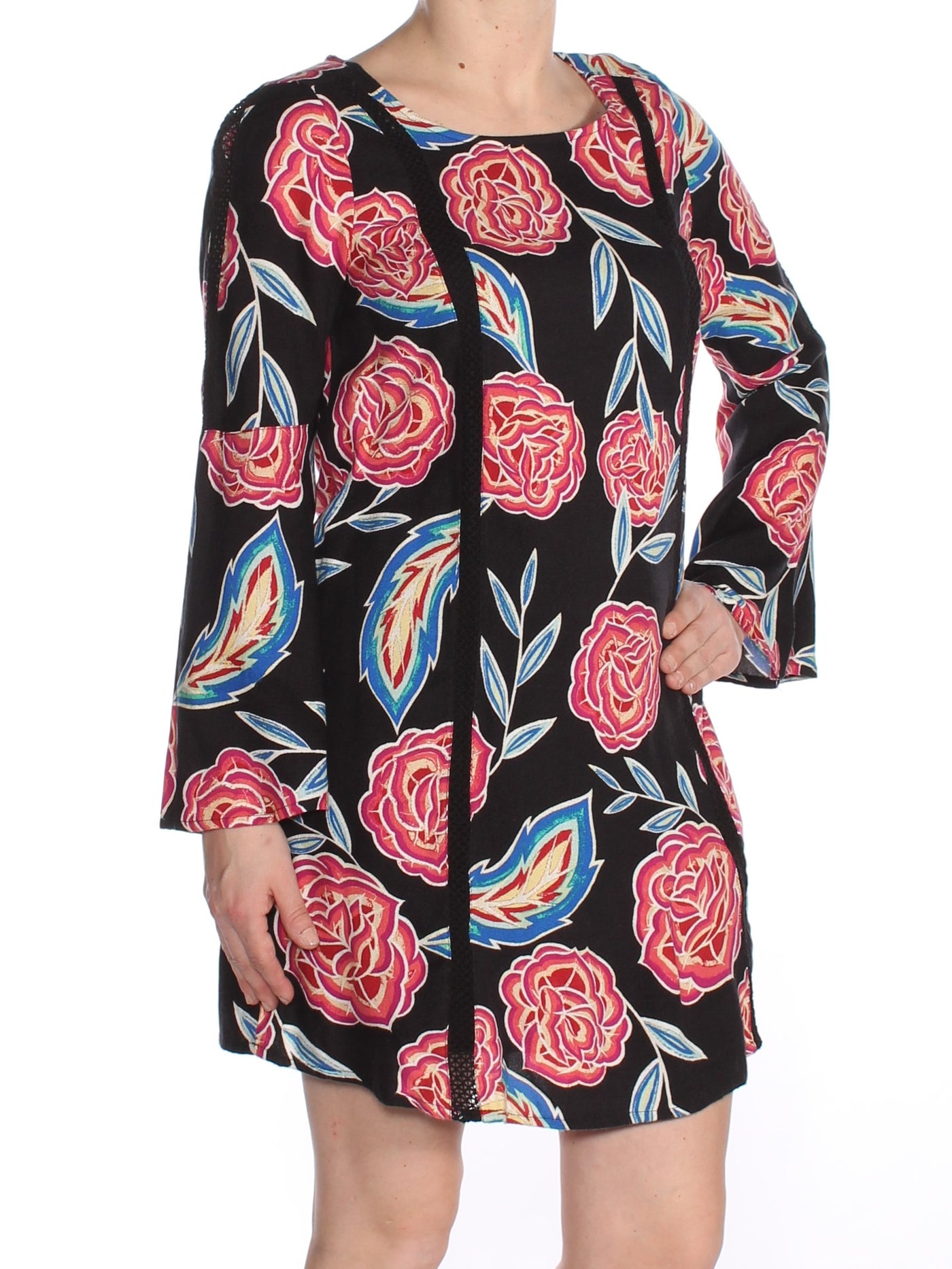 ROXY Womens Black Floral Long Sleeve Jewel Neck Above The Knee Tunic Dress