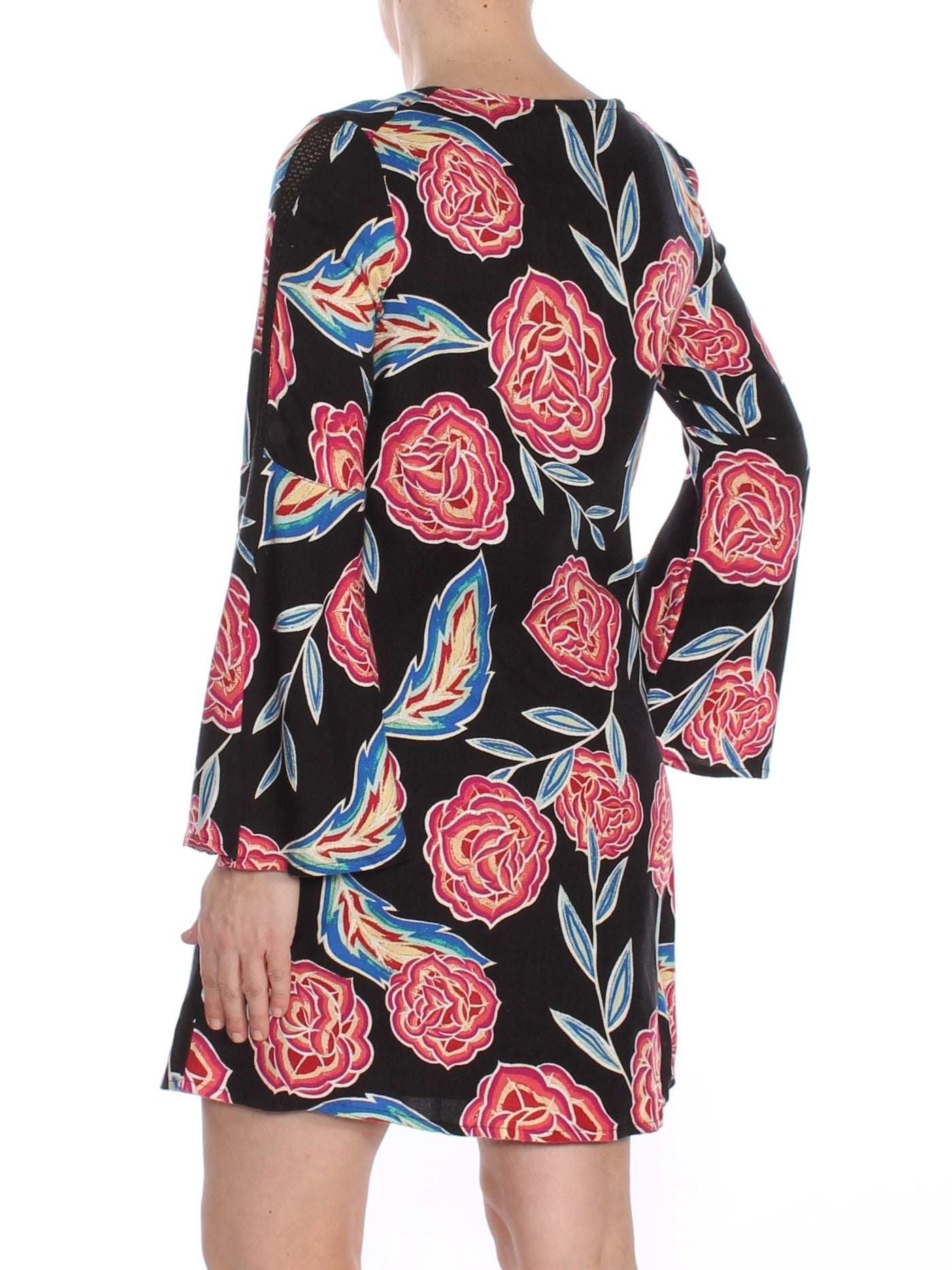 ROXY Womens Black Floral Long Sleeve Jewel Neck Above The Knee Tunic Dress