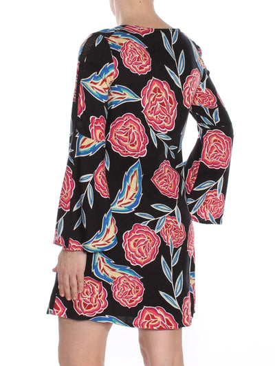 ROXY Womens Black Floral Long Sleeve Jewel Neck Above The Knee Tunic Dress