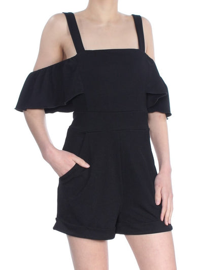 XOXO Womens Black Pocketed Spaghetti Strap Off Shoulder Romper