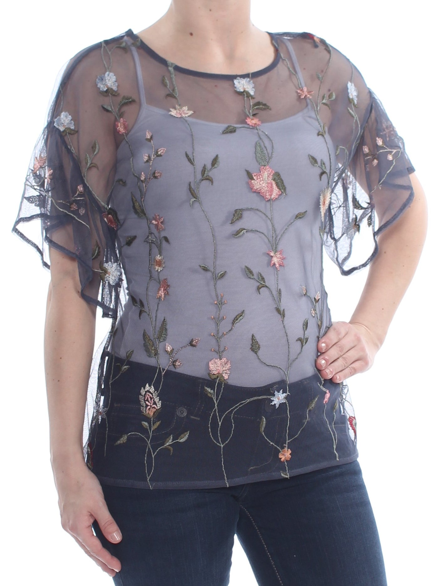 LUCKY BRAND Womens Navy Embroidered Sheer Floral 3/4 Sleeve Scoop Neck Evening Blouse