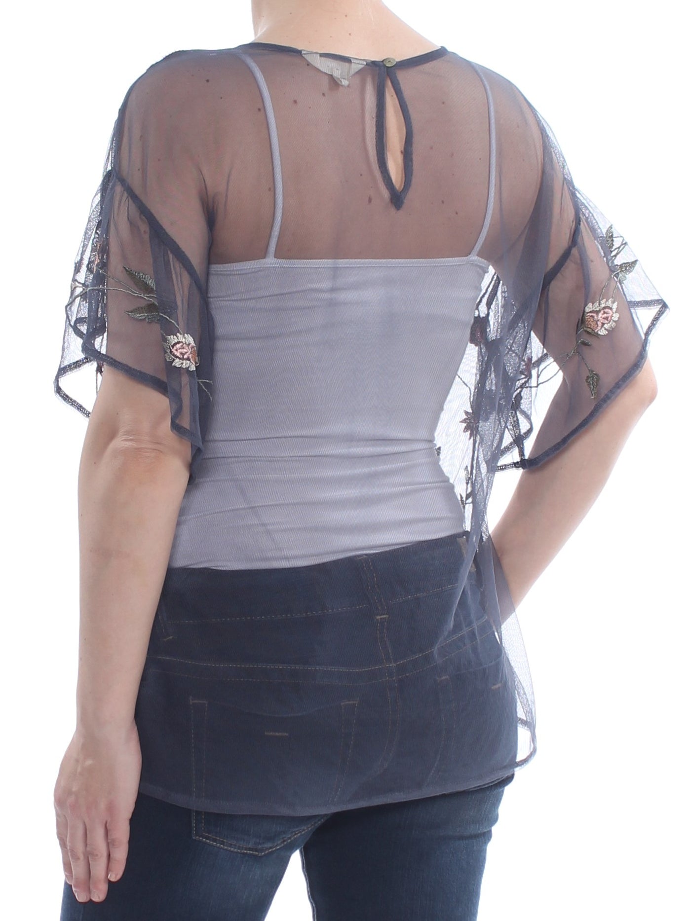LUCKY BRAND Womens Navy Embroidered Sheer Floral 3/4 Sleeve Scoop Neck Evening Blouse