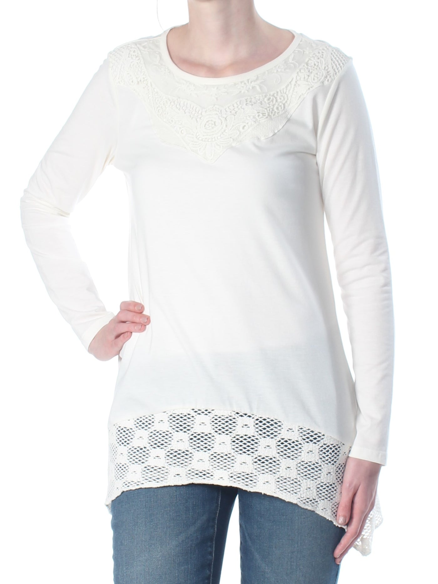 STYLE & COMPANY Womens Ivory Embroidered Embellished Long Sleeve Scoop Neck Sweater