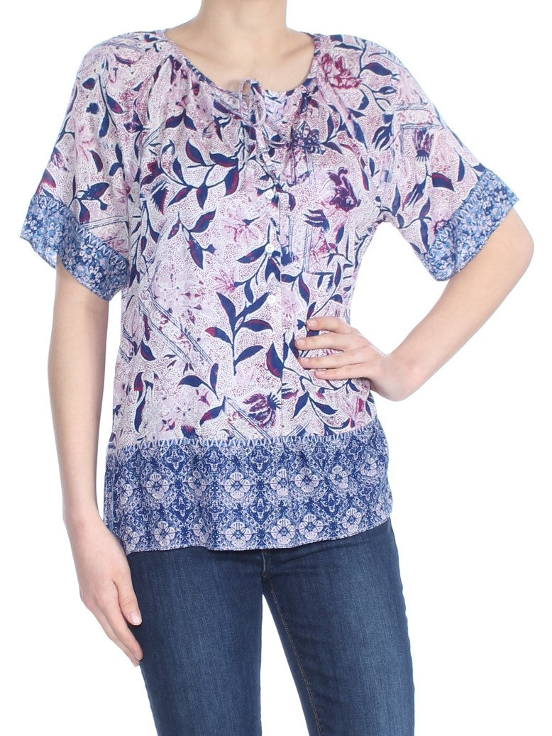 LUCKY BRAND Womens Ivory Tie Pintucks Lace Insets Floral Flutter Sleeve Split Baby Doll Top