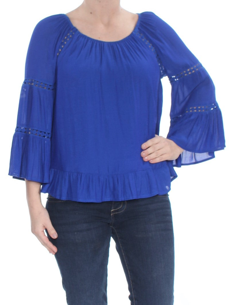 INC Womens Blue Tiered Sleeve Ruffled Peasant Bell Sleeve Scoop Neck Wear To Work Top