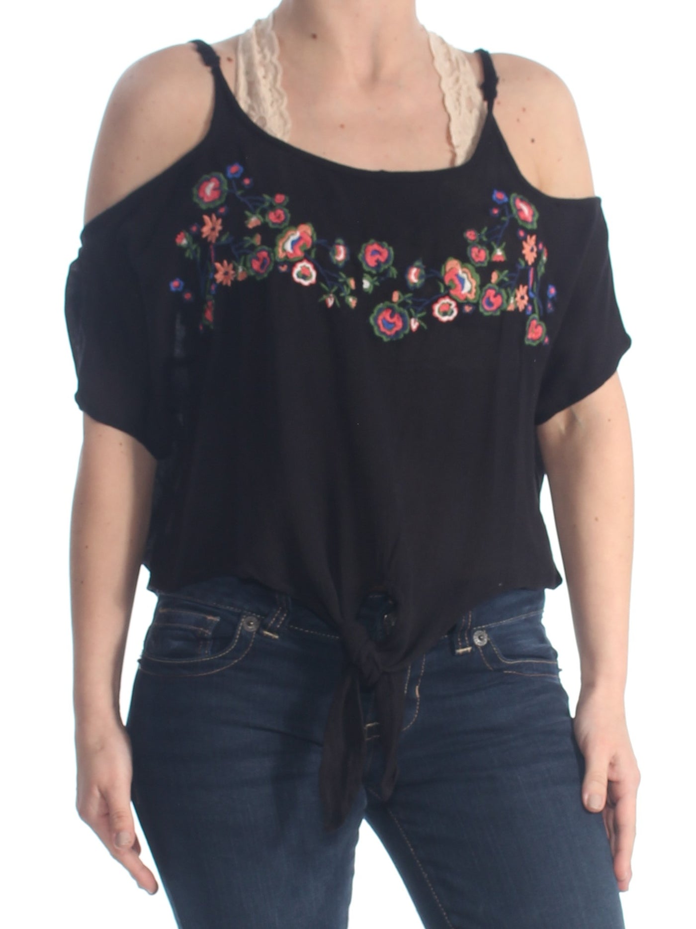 POLLY & ESTHER Womens Black Cold Shoulder Floral Embroidered Cold Shoulder Short Sleeve Scoop Neck Top