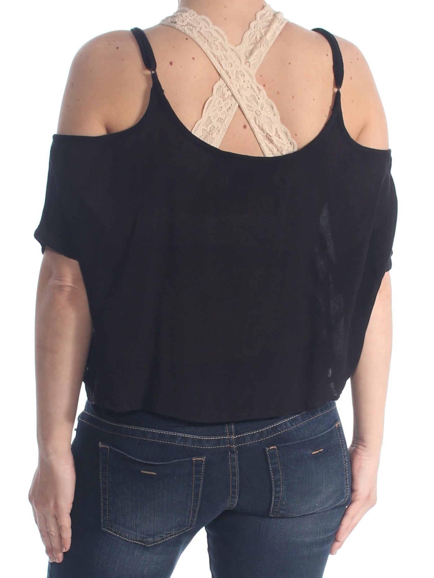 POLLY & ESTHER Womens Black Cold Shoulder Floral Embroidered Cold Shoulder Short Sleeve Scoop Neck Top