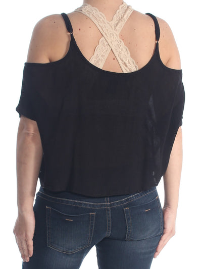 POLLY & ESTHER Womens Black Cold Shoulder Floral Embroidered Cold Shoulder Short Sleeve Scoop Neck Top