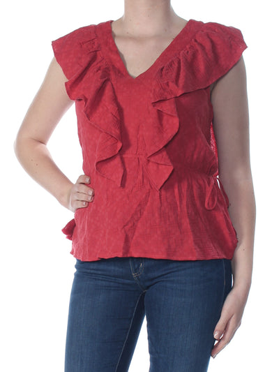 1. STATE Womens Red Ruffled Jacquard Sleeveless V Neck Wear To Work Top