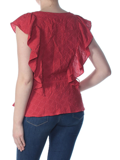 1. STATE Womens Red Ruffled Jacquard Sleeveless V Neck Wear To Work Top