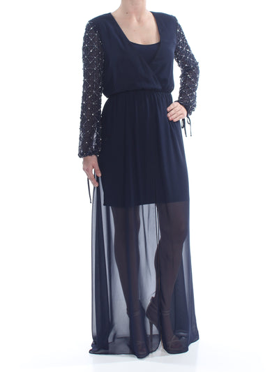 BETSY & ADAM Womens Navy Embellished Gown Long Sleeve Scoop Neck Full-Length Evening A-Line Dress