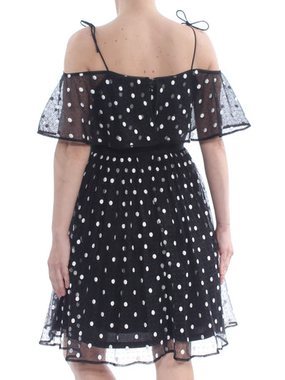 ADRIANNA PAPELL Womens Black Tie Sheer Polka Dot Short Sleeve Off Shoulder Knee Length Party Dress