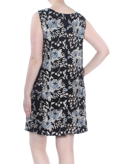 SIGNATURE BY ROBBIE BEE Womens Black Embroidered Floral Sleeveless Scoop Neck Above The Knee Trapeze Dress
