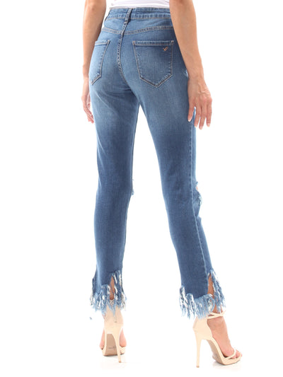 WILLIAM RAST Womens Blue Ripped Fringe Hem Skinny Jeans