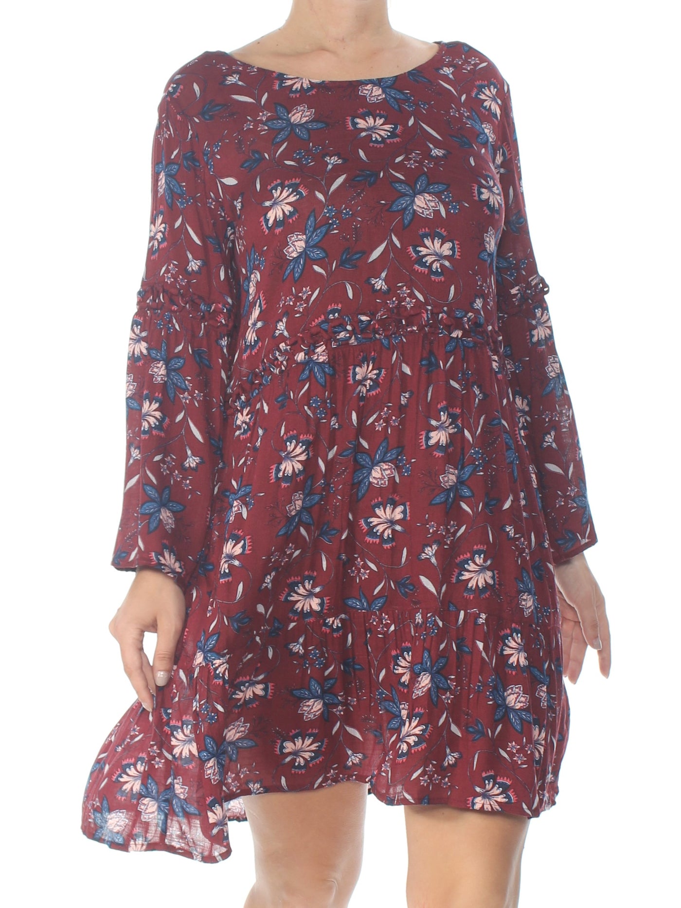 WILLIAM RAST Womens Burgundy Floral Long Sleeve Jewel Neck Above The Knee Baby Doll Dress