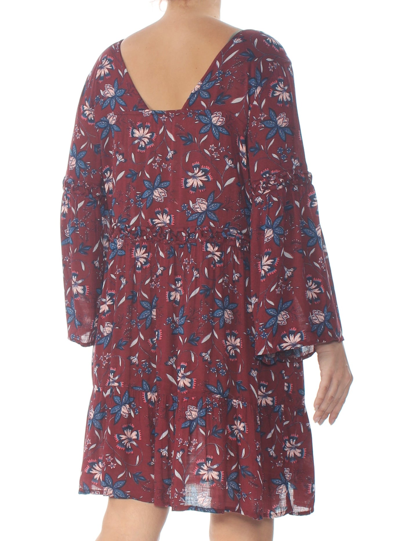 WILLIAM RAST Womens Burgundy Floral Long Sleeve Jewel Neck Above The Knee Baby Doll Dress