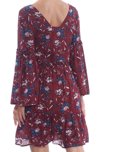 WILLIAM RAST Womens Burgundy Printed Bell Sleeve Scoop Neck Mini Dress