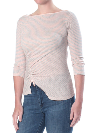 WILLIAM RAST Womens Gray Ruched Striped 3/4 Sleeve Boat Neck T-Shirt