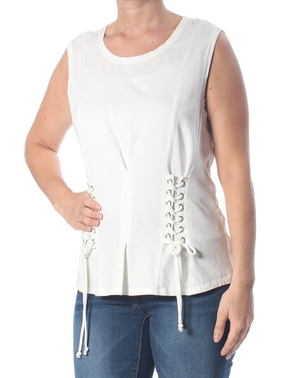 WILLIAM RAST Womens Ivory Corset Detail Sleeveless Jewel Neck Top