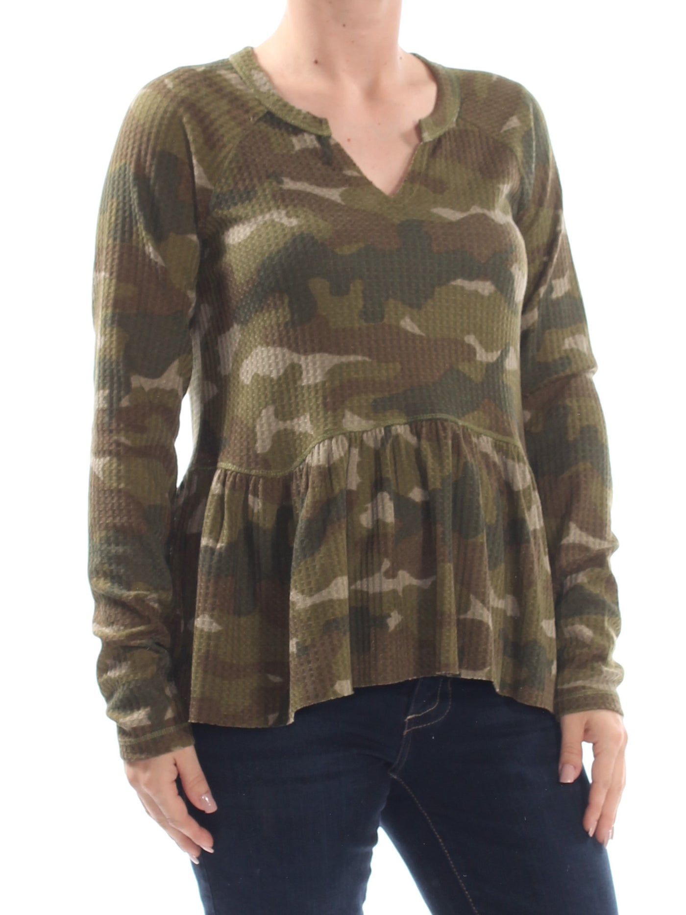 WILLIAM RAST Womens Green Ruffled Camouflage Long Sleeve V Neck Peplum Top