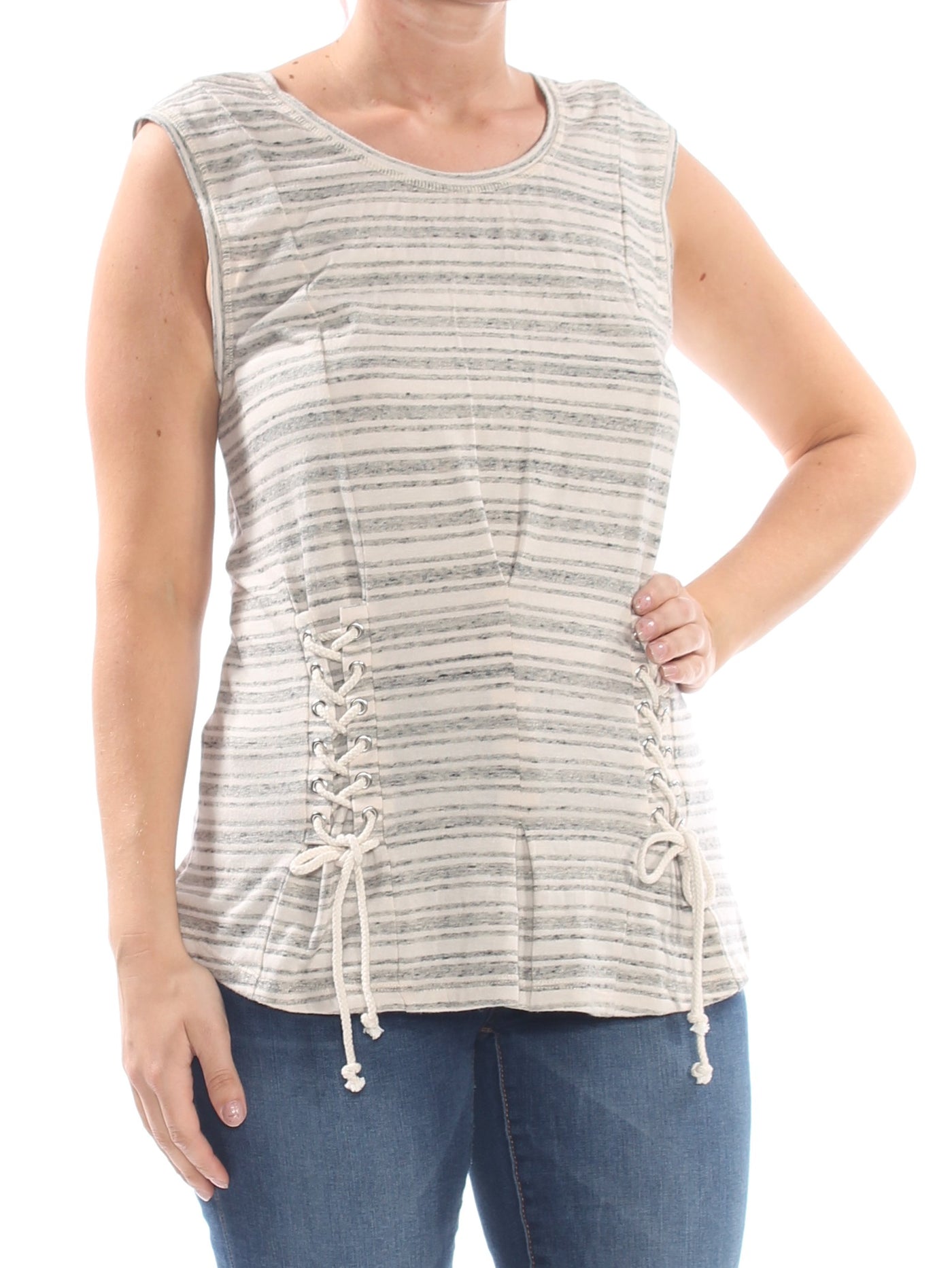 WILLIAM RAST Womens Gray Striped Corset Detail Sleeveless Crew Neck Top