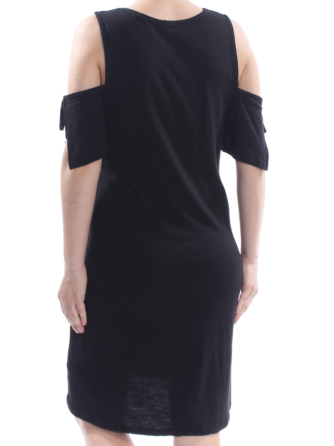 SANCTUARY Womens Black Cold Shoulder   Tie Sleeve Short Sleeve V Neck Above The Knee Dress