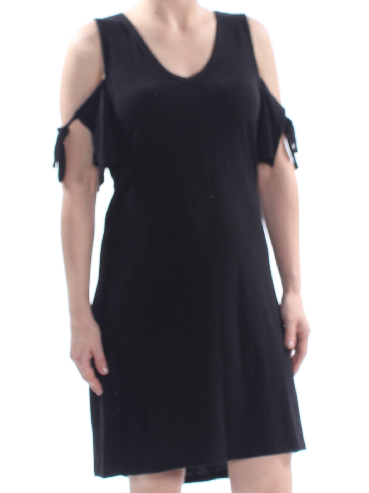 SANCTUARY Womens Black Cold Shoulder   Tie Sleeve Short Sleeve V Neck Above The Knee Dress