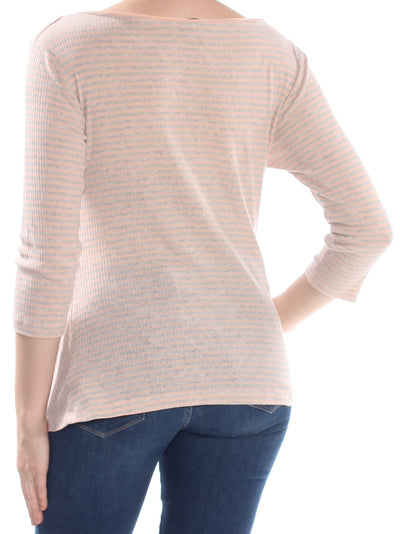 WILLIAM RAST Womens Pink Ruched Striped 3/4 Sleeve Boat Neck T-Shirt