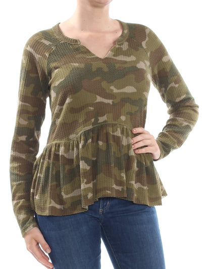 WILLIAM RAST Womens Green Camouflage Long Sleeve V Neck Peplum Top