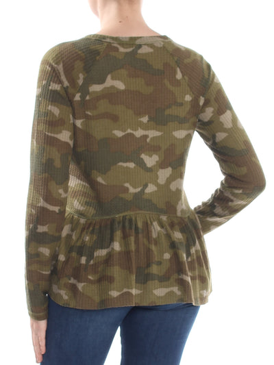 WILLIAM RAST Womens Green Camouflage Long Sleeve V Neck Peplum Top