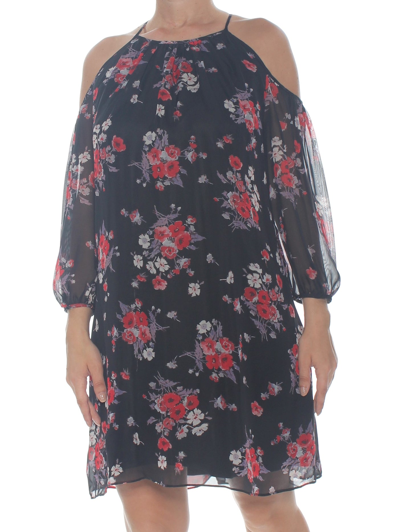 AMERICAN LIVING Womens Black Cold Shoulder Floral Long Sleeve Halter Above The Knee Shift Dress