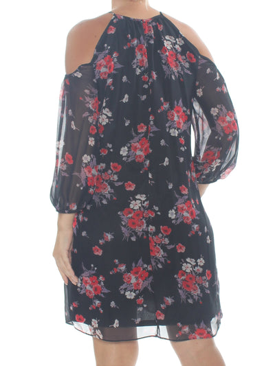 AMERICAN LIVING Womens Black Cold Shoulder Floral Long Sleeve Halter Above The Knee Shift Dress