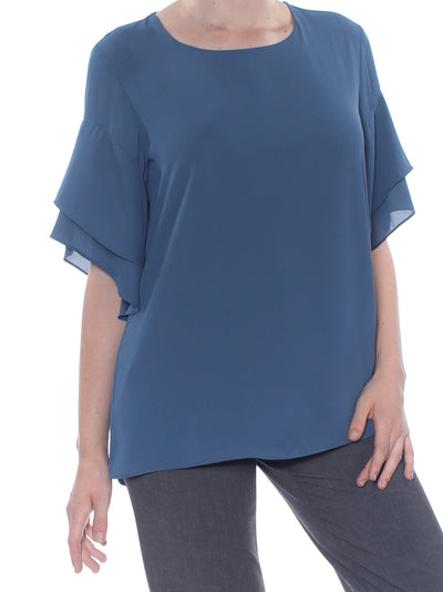 ALFANI Womens Blue Bell Sleeve Scoop Neck Blouse