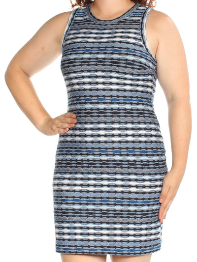 KAREN KANE Womens Blue Striped Sleeveless Jewel Neck Mini Body Con Dress