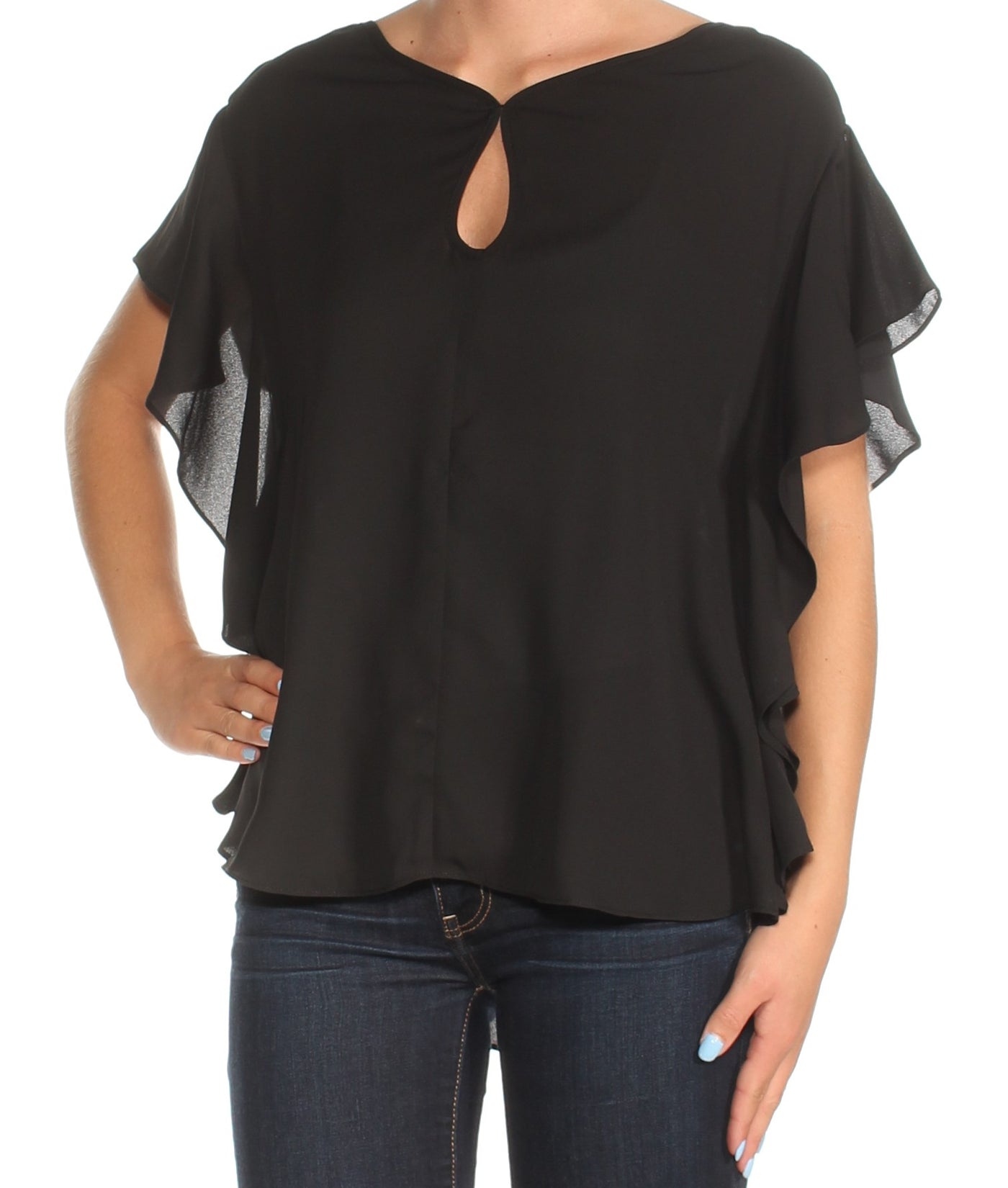 MAX JEANS Womens Black Ruffled Dolman Sleeve Keyhole Top