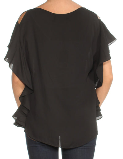 MAX JEANS Womens Black Ruffled Dolman Sleeve Keyhole Top