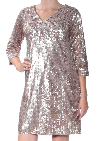 ALFANI Womens Beige Sequined 3/4 Sleeve V Neck Above The Knee Shift Dress