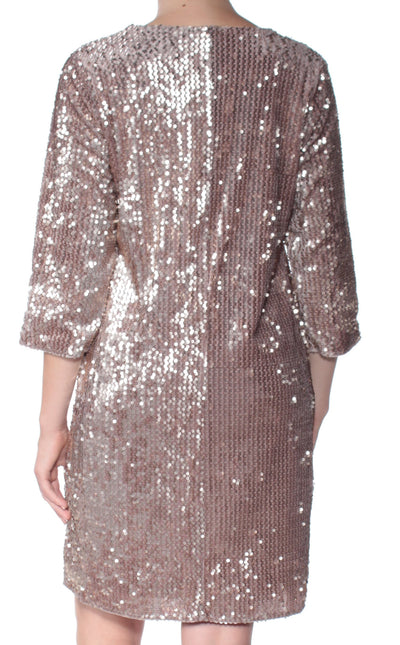 ALFANI Womens Beige Sequined 3/4 Sleeve V Neck Above The Knee Shift Dress